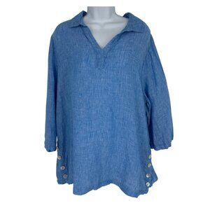 Tahari Womens 100% Linen 3/4 Sleeve With Side Buttons Blue Blouse Size 1X